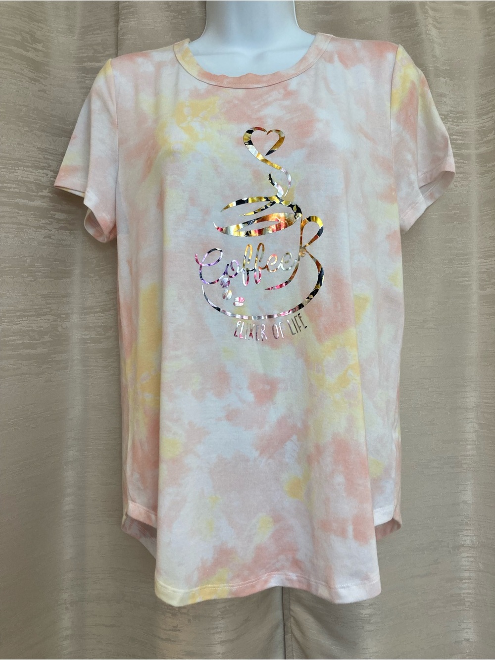 So Favorite Crew Tie-Dye Coffee Graphic Tee - Pastel Pink & Yellow size Medium